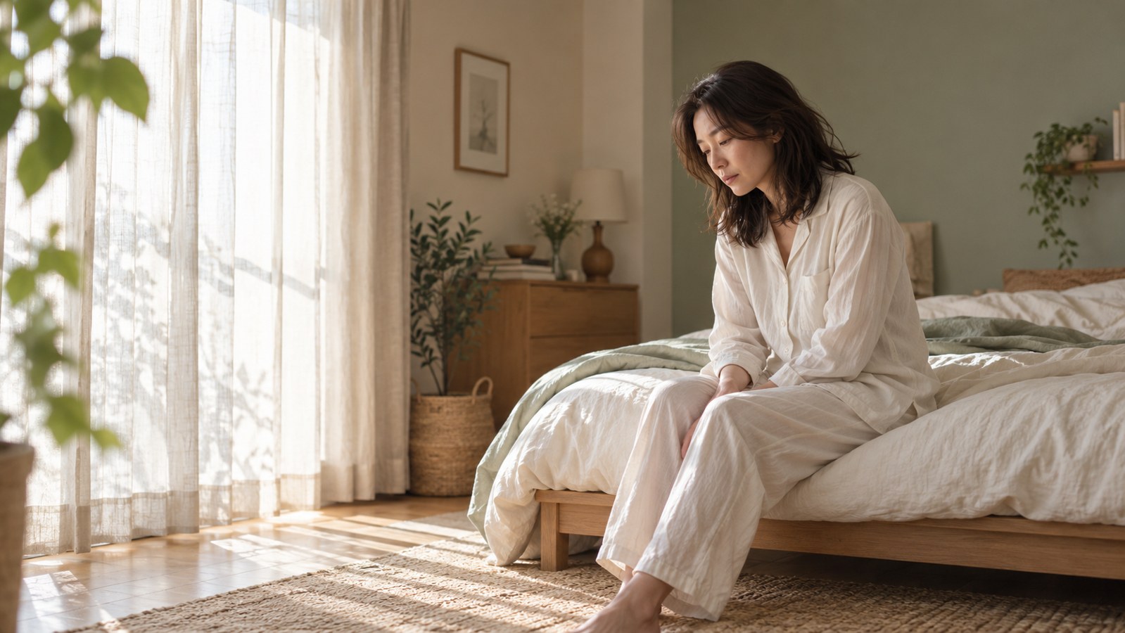 朝の光が入る寝室で、ベッドの端に腰かける女性