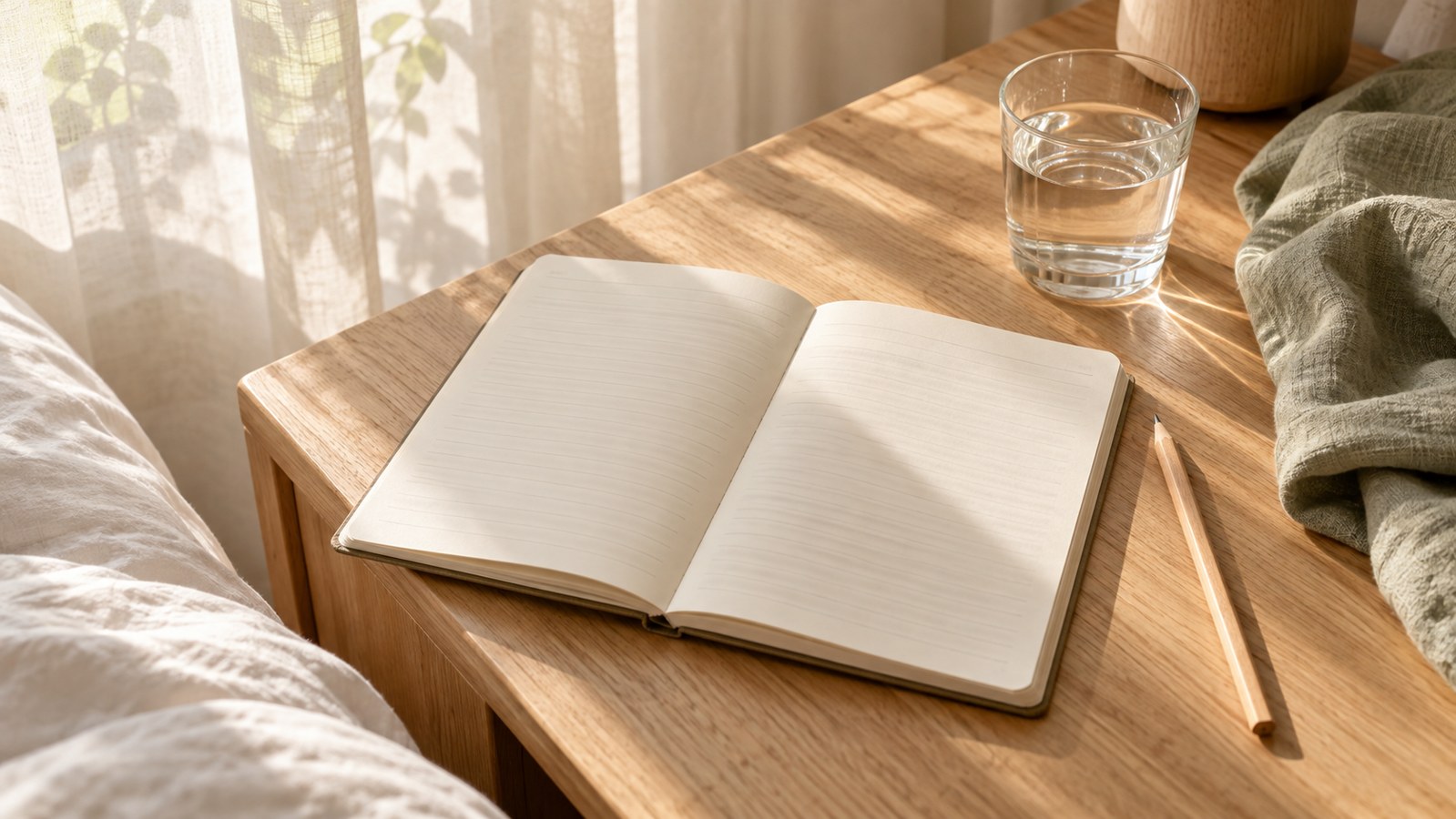 朝の光が差すテーブルに置いた、眠りを記録するためのノートと鉛筆